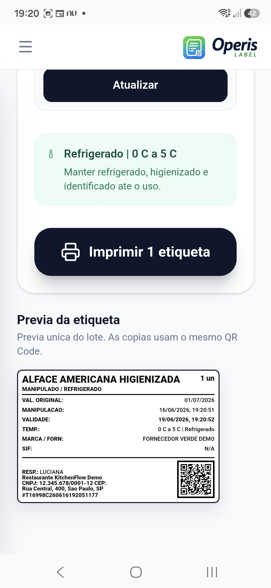 Tela mobile de impressão de etiqueta do Operis Label