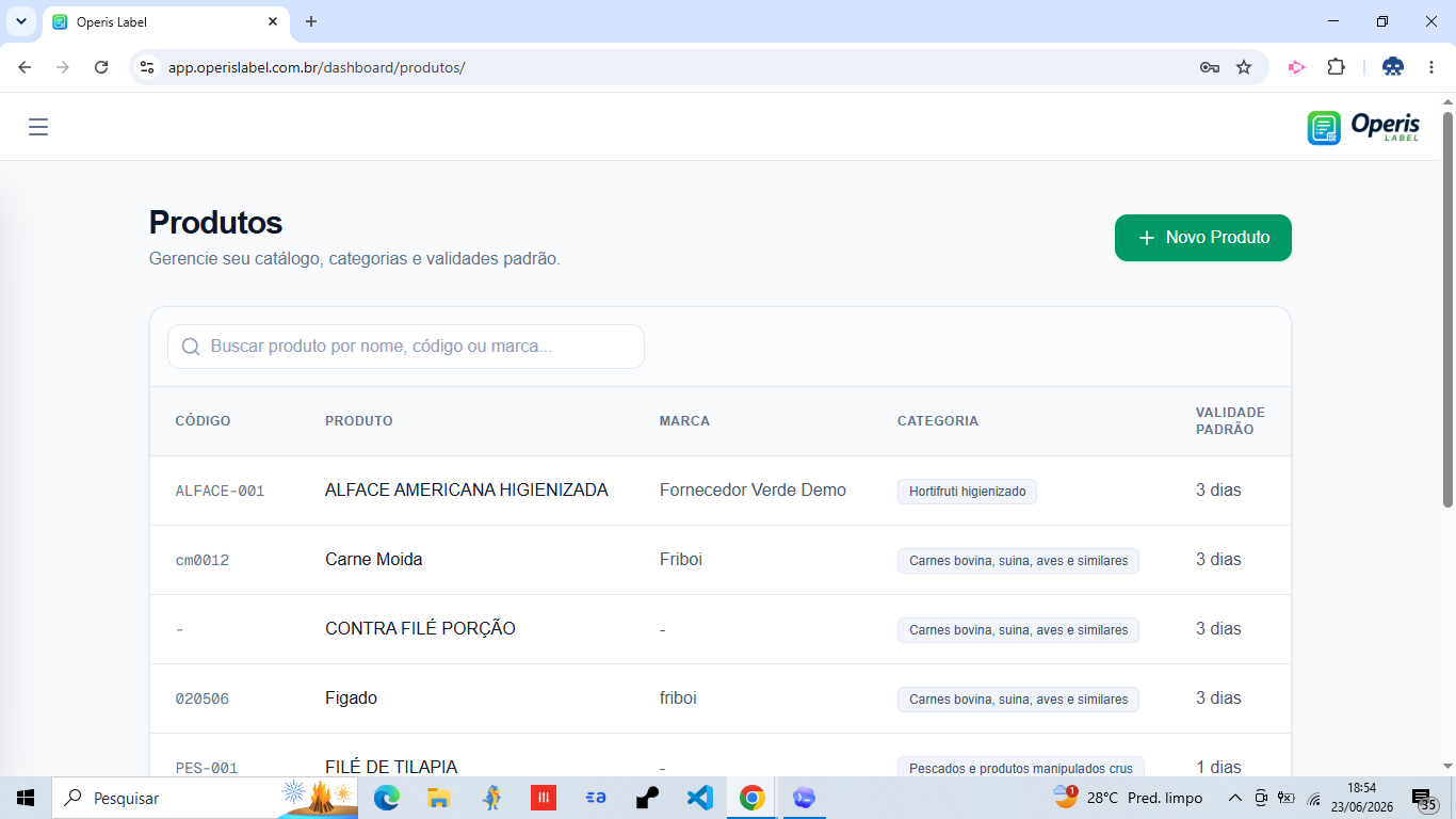 Tela web de produtos do Operis Label